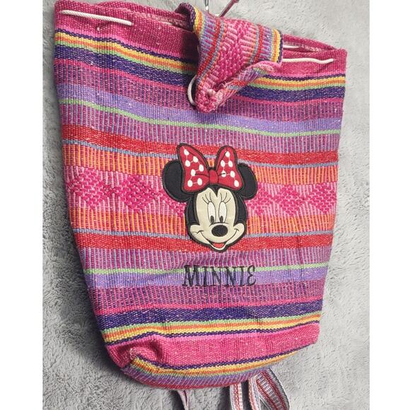 Disney Hand Woven Backpack Purse Minnie Mouse Disneyland Colorful Sack Tote - Picture 6 of 7